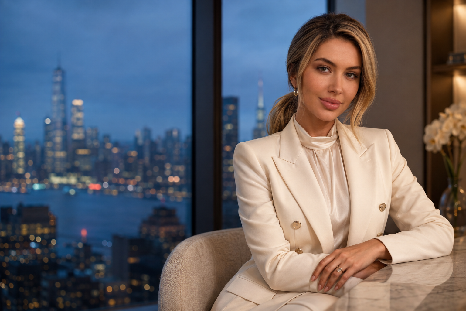 Lurevani Beauty entrepreneur with a low ponytail in an ivory long-sleeve tailored suit overlooking New York at blue hour